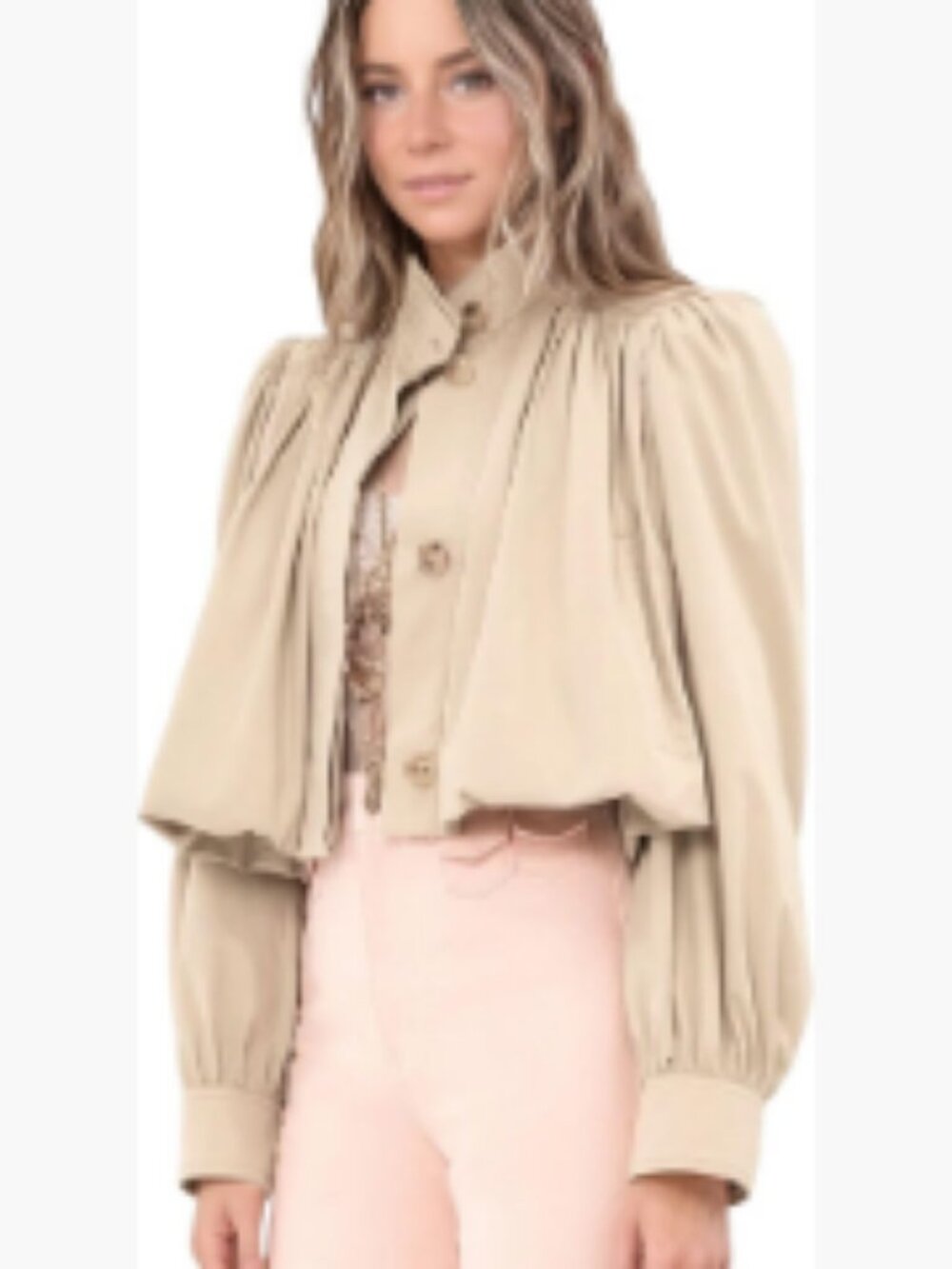 Polyester Cropped Jacket Button Front Long Sleeves Casual Outerwear with Pockets